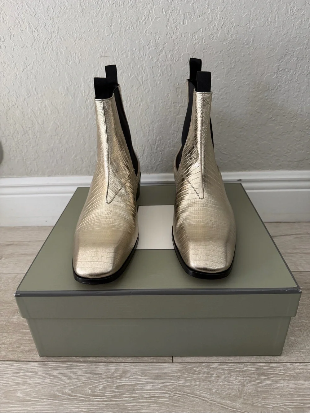 Tom Ford Metallic Gold croc Textured Leather Chelsea Boots men 11.5